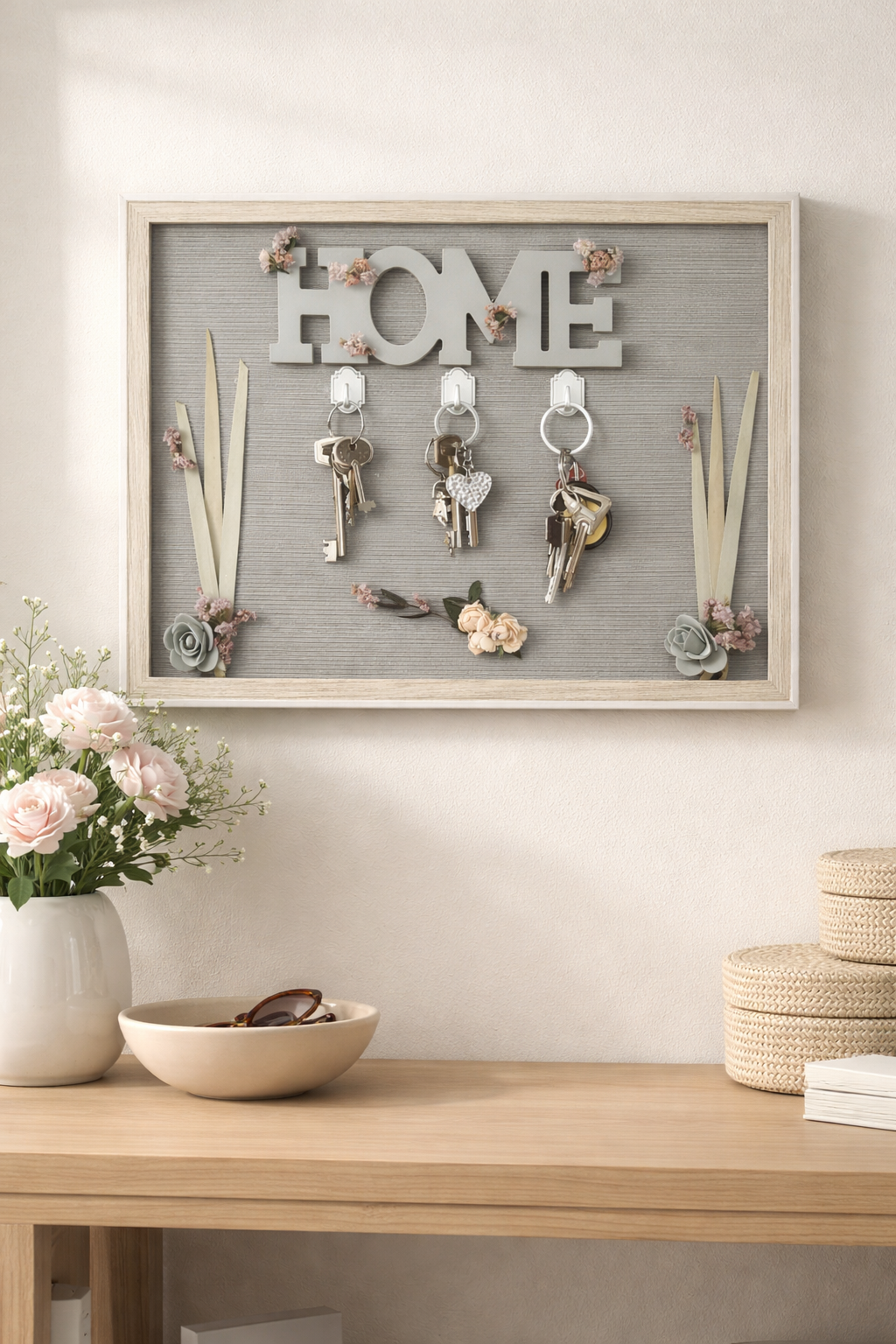 Llavero Decorativo de Pared “HOME” con Flores – Estilo Nórdico